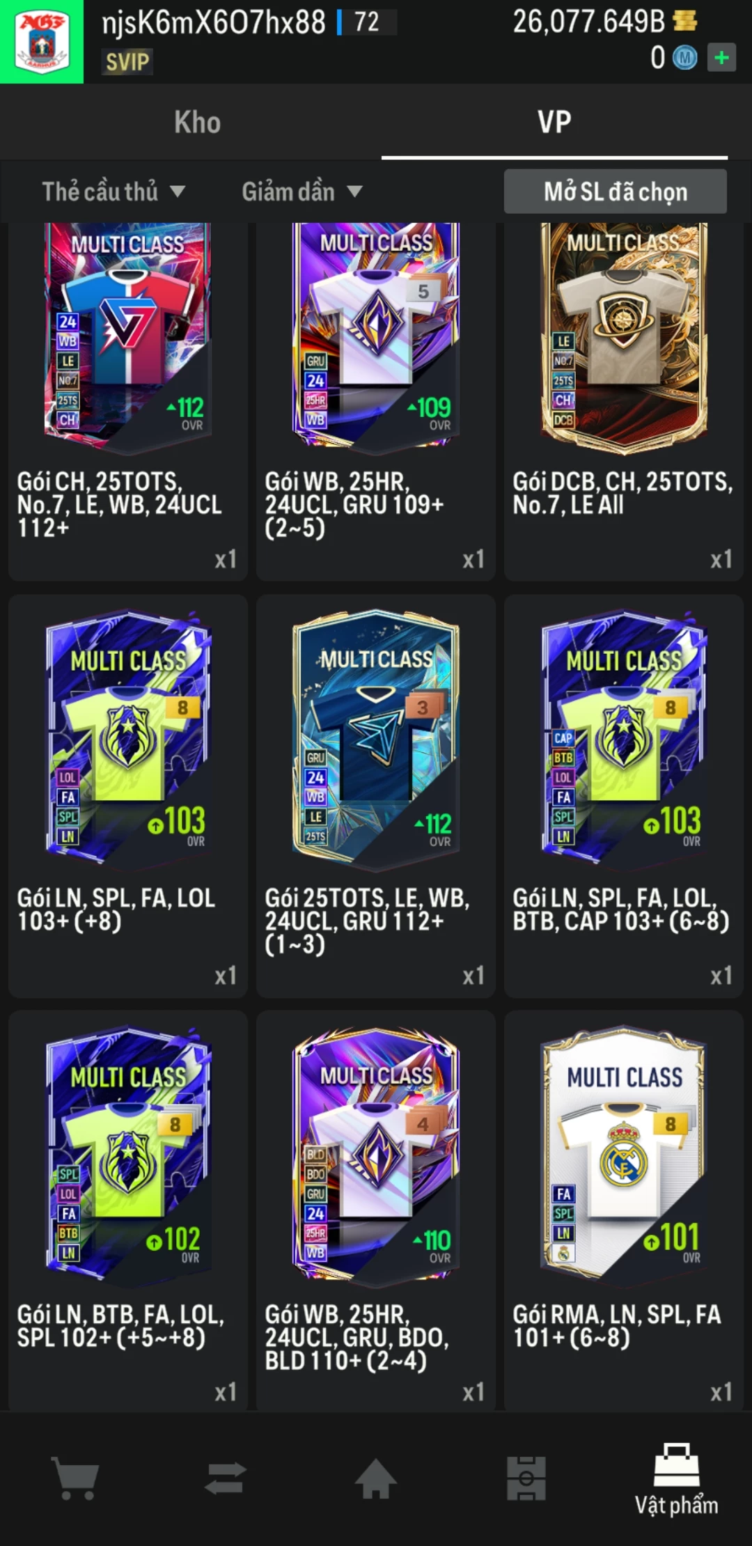 Ảnh ACC mở thẻ (LOẠI SVIP) bao gồm 1 gói thẻ +12 và 500+ đến 600+ thẻ cầu thủ từ Siêu sao đến Miền núi các loại. Có sẵn BP trắng trong acc từ 18.000 tỷ BP đến 26.000 tỷ BP, kèm theo nhiều ngày SVIP